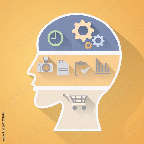 Imagen vectorial que muestra una cabeza humana como una maquinaria compleja de pensamiento, con ruedas dentadas e iconos que simbolizan la producción continua de ideas y la actividad mental
