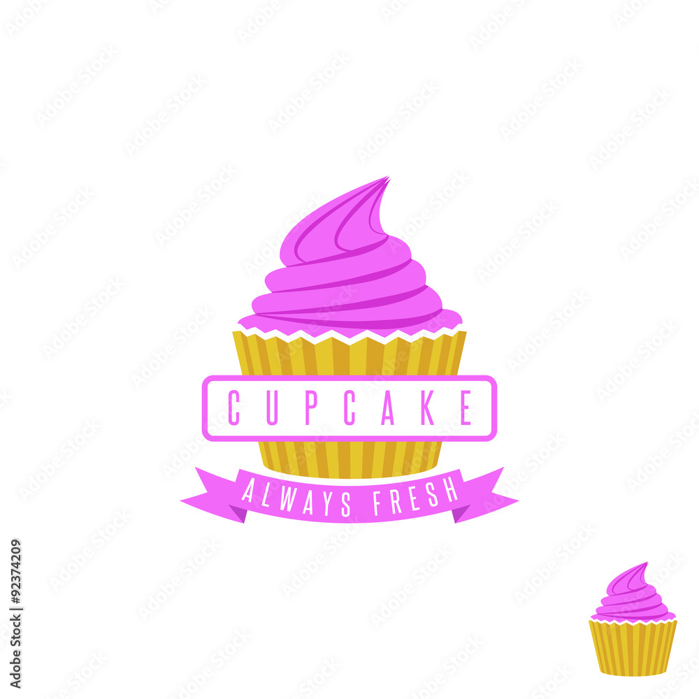 Cake shop logo, sweet cupcake with pink cream and ribbon, retro dessert emblem template design element Cake shop logo, sweet cupcake with pink cream and ribbon, retro dessert emblem template design element
