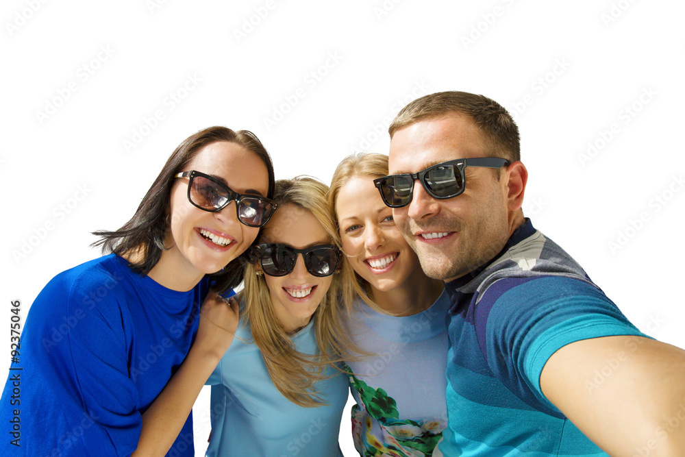 Cheerful group of friends taking selfie picture, isolated on white background