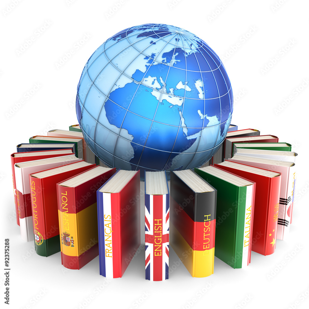 Foreign languages learn and translate education concept, dictionary books with covers in colors