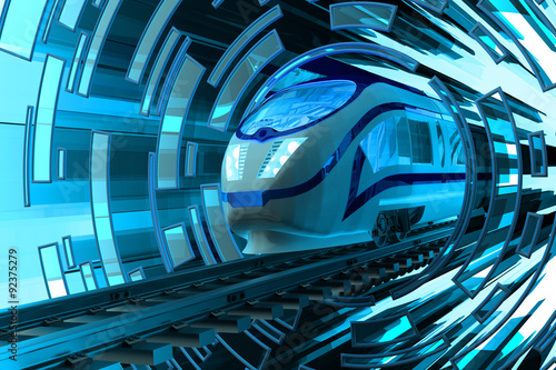 Railway transportation concept, fast motion of modern high speed passenger train on railroad tracks on abstract blue circular background