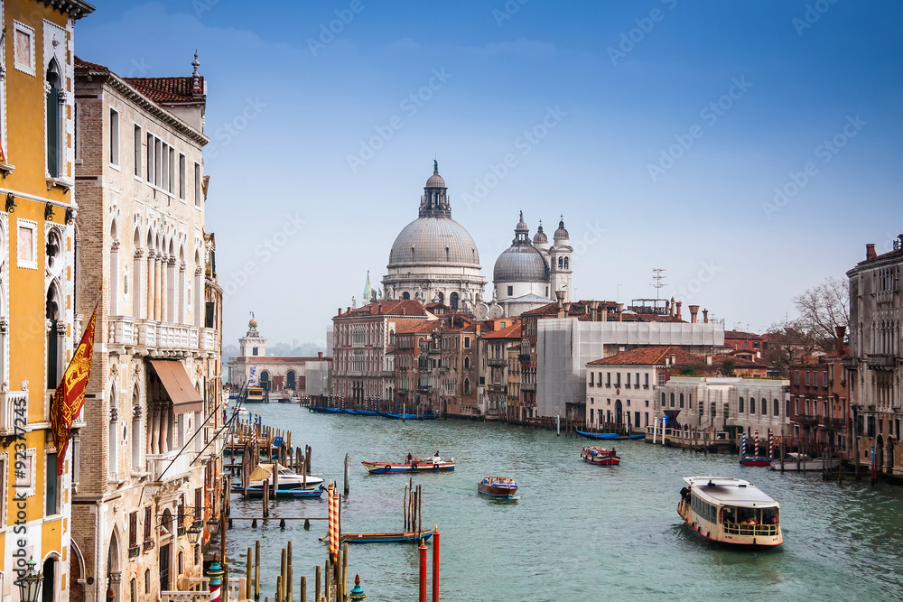view of the Grand Canal and Basilica Santa Maria della Salute during sunset, Venice, Italy, Europe