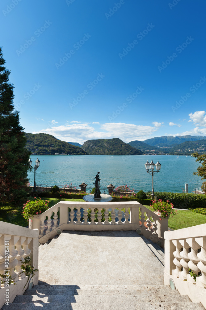 grand staircase with lake view