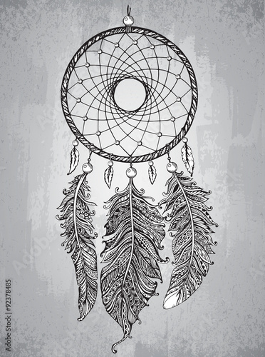 Hand drawn dreamcatcher with feathers in zentangle style.