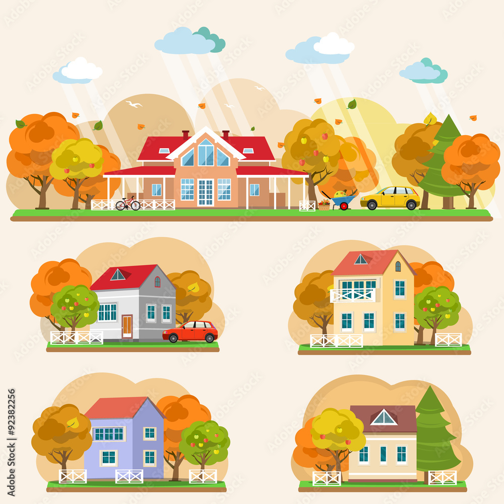 Set of flat style autumn landscapes. Vector illustration