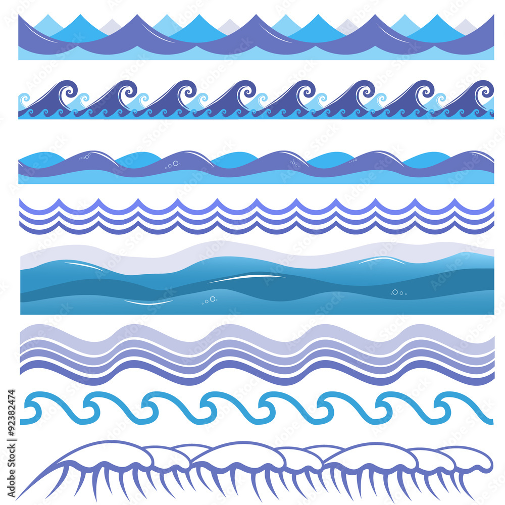 Vector illustration of ocean, sea waves, surfs and splashes