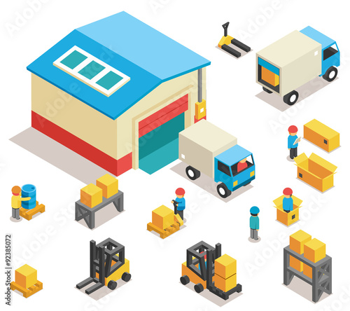 Isometric factory distribution warehouse building with trucks