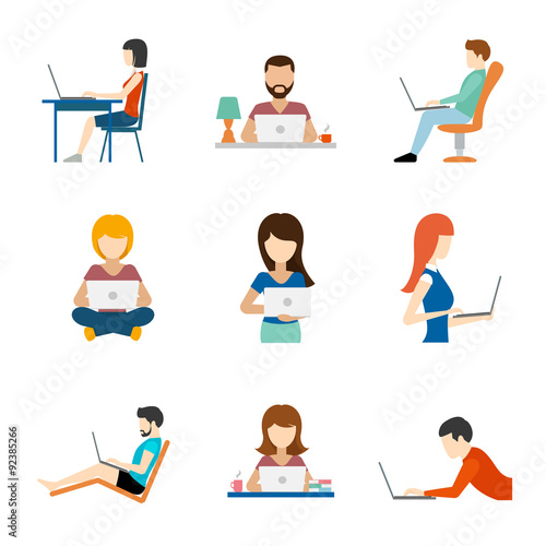 People working on computer flat icons