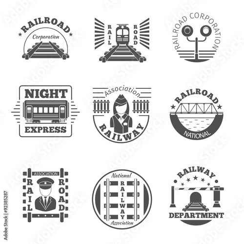 Vector set of railway emblem. Railroad labels or logos