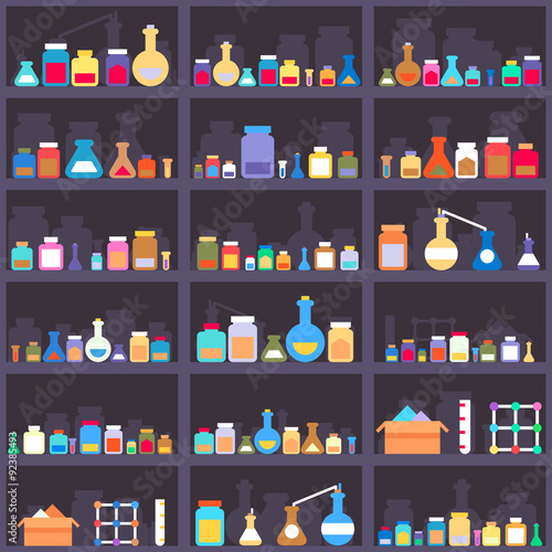 Alchemical elixirs or chemicals and medications on cabinet