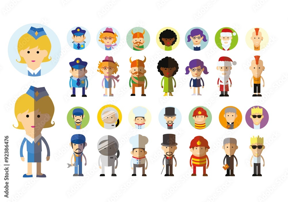 Set of vector cute character avatar icons in flat design 