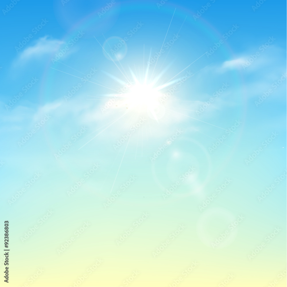 Blue sky with clouds and sun with rays. Vector background Blue sky with clouds and sun with rays. Vector background