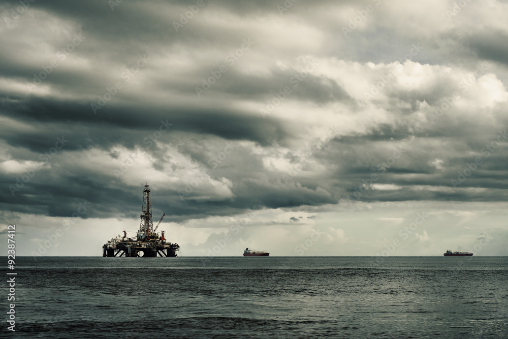 Offshore oil rig platform at sea in Trinidad and Tobago petroleum industry
