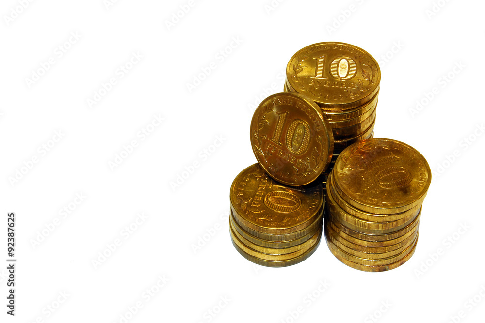 Golden coins isolated on white background.Russian metallic roubles. Golden coins isolated on white background.Russian metallic roubles.