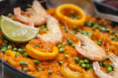Authentic spanish paella served in a restaurant.