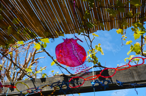 Decorations inside a Jewish family Sukkah photo