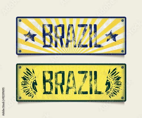 Design signboard in style car plates with inscription BRAZIL. Vector eps 10