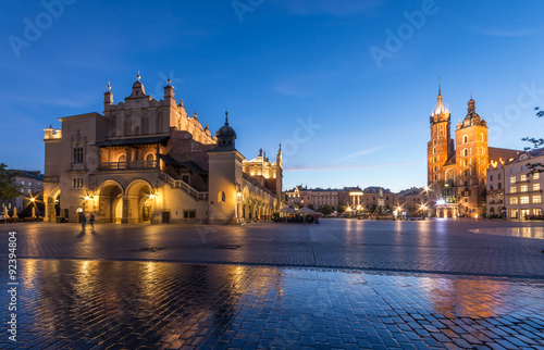 The Main Market Square in Krakow, Poland, with famous Sukiennice (Cloth hall) and St Mary's church in blue hour