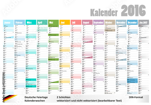 Kalender 2016 mit deutschen Feiertagen + KW