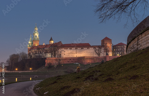 Wawel Castle and Wawel cathedral seen from the Vistula boulevards in the evening