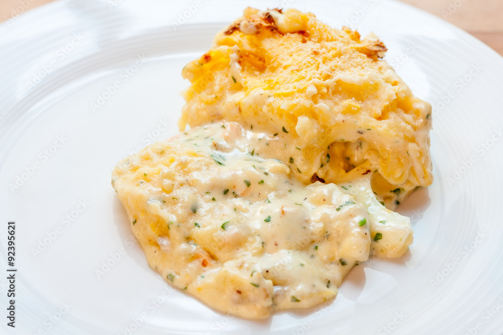 Fish pie on a white plate
