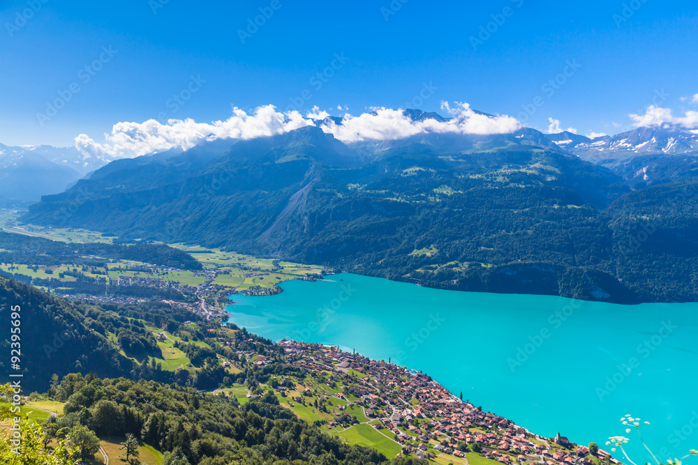 Aerial view of Brienzer lake and the Brienz city