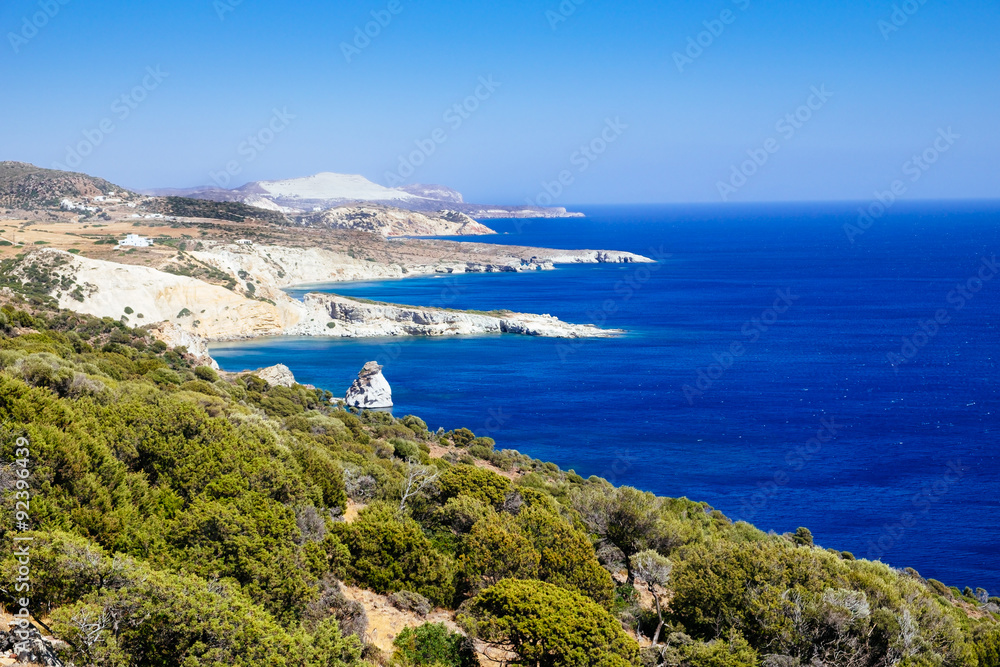 Scenic view of rural rocky ocean coastline, Milos island, Greece