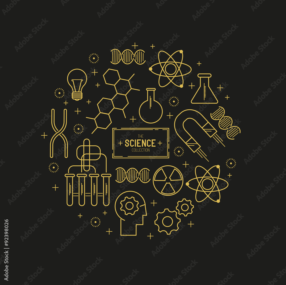 © James Thew - Science Vector Icon Set. A collection of gold science themed line icons including a atom, chemistry symbols and equipment. Layered Vector illustration.