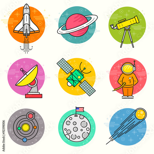 Astronomy Vector Icon Set. A collection of space themed line icons including a planet, rocket, spaceman and solar system. Layered Vector illustration.