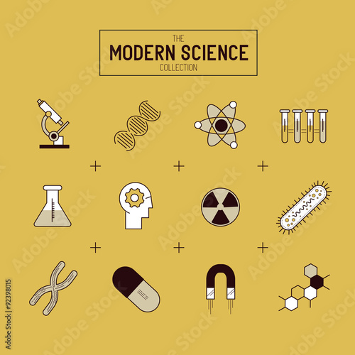 Science Gold Vector Icon Set. A collection of gold science themed line icons including a atom, chemistry symbols and equipment. Layered Vector illustration.