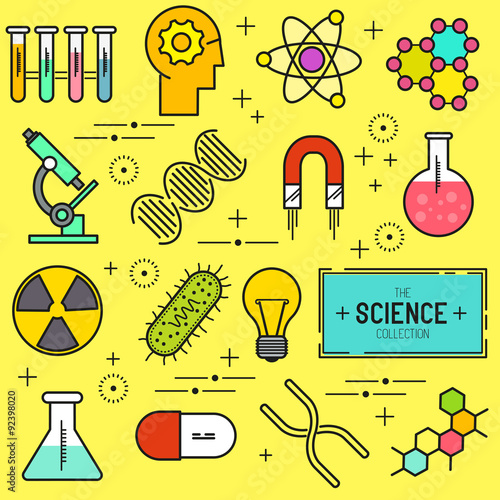 Science Vector Icon Set. A collection of science themed line icons including a atom, chemistry symbols and equipment. Layered Vector illustration.