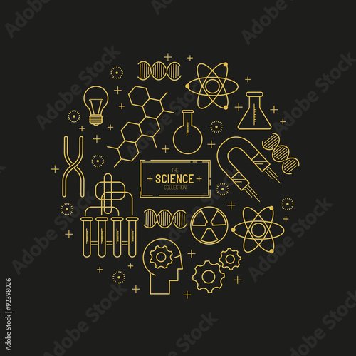 Science Vector Icon Set. A collection of gold science themed line icons including a atom  chemistry symbols and equipment. Layered Vector illustration.