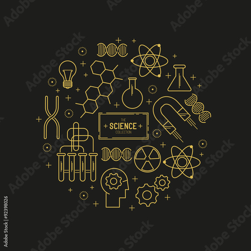 Science Vector Icon Set. A collection of gold science themed line icons including a atom, chemistry symbols and equipment. Layered Vector illustration.
