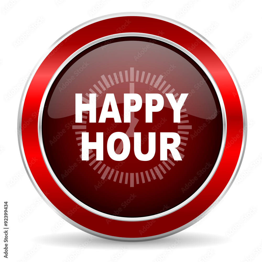 happy hour red circle glossy web icon, round button with metallic border