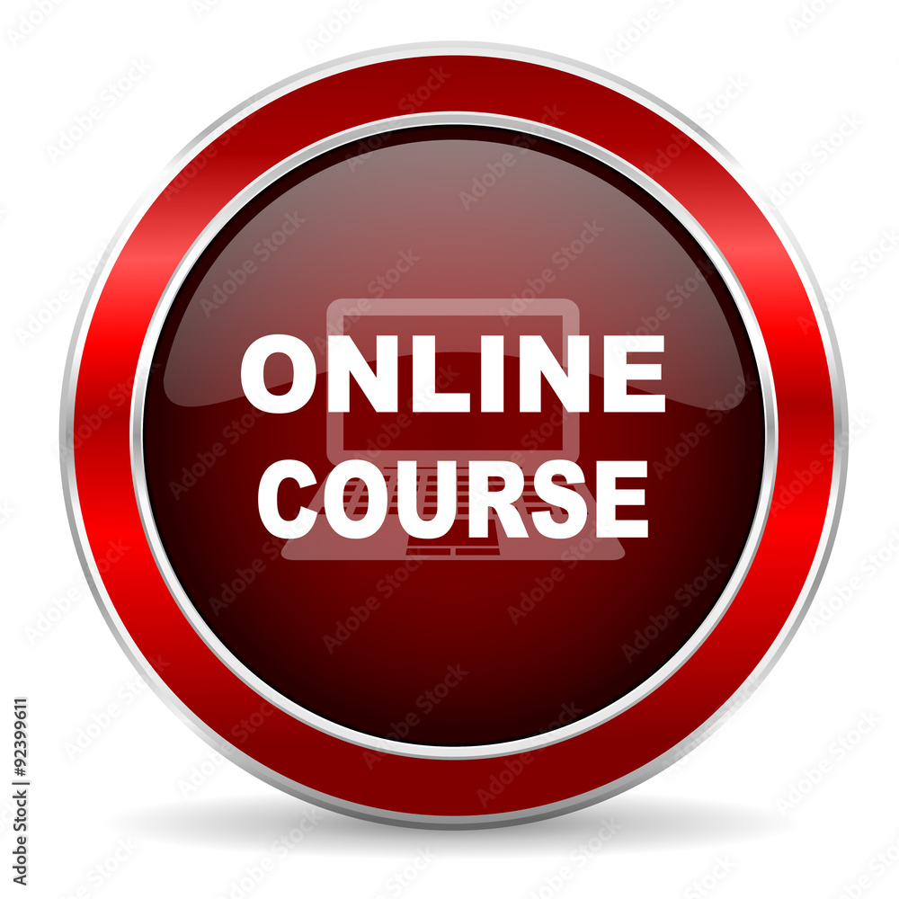 online course red circle glossy web icon, round button with metallic border online course red circle glossy web icon, round button with metallic border