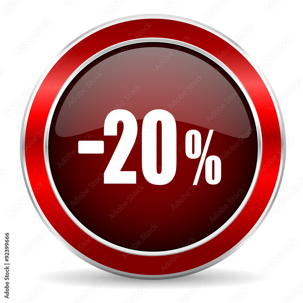 20 percent sale retail red circle glossy web icon, round button with metallic border 20 percent sale retail red circle glossy web icon, round button with metallic border
