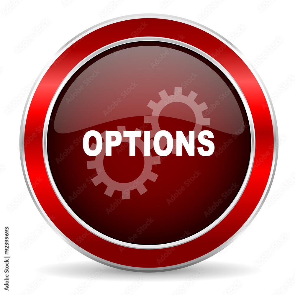 options red circle glossy web icon, round button with metallic border