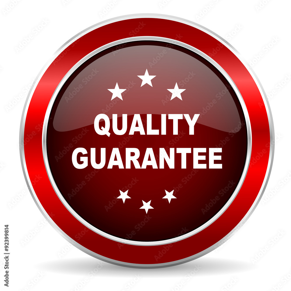 quality guarantee red circle glossy web icon, round button with metallic border quality guarantee red circle glossy web icon, round button with metallic border