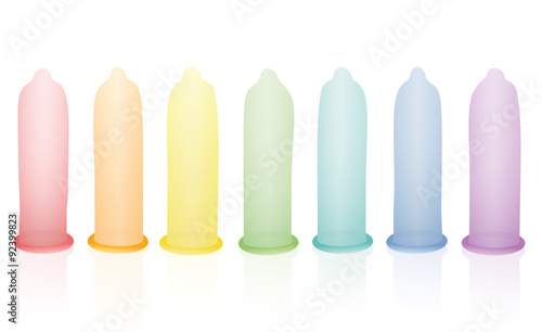 Condoms - colorful, erected, blown up, seven in a row. Illustration on white background.