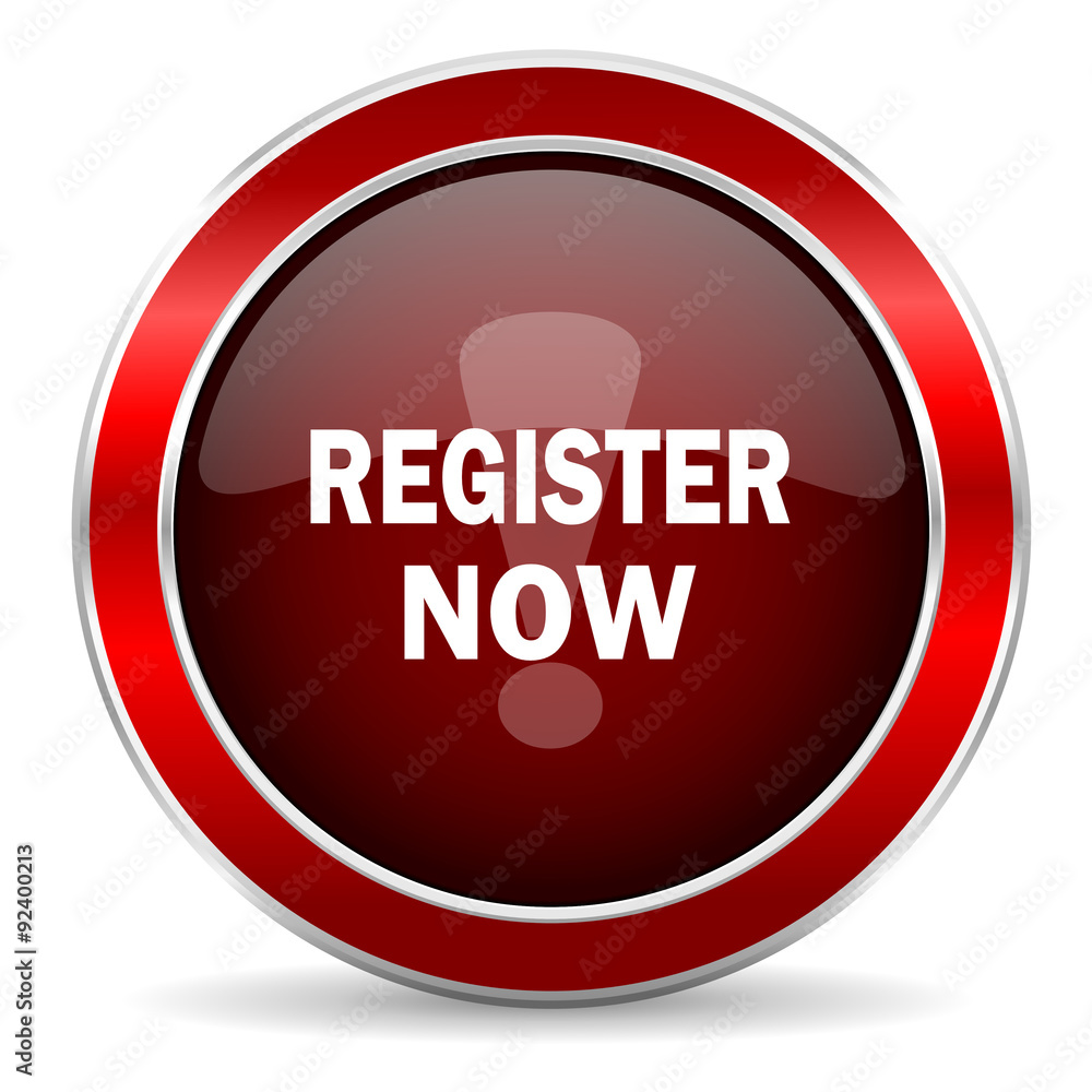 register now red circle glossy web icon, round button with metallic border register now red circle glossy web icon, round button with metallic border
