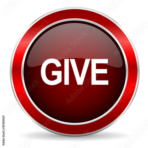Fotografía give red circle glossy web icon, round button with metallic border