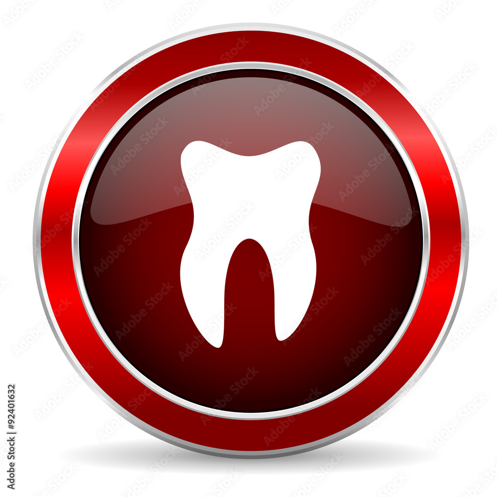 tooth red circle glossy web icon, round button with metallic border tooth red circle glossy web icon, round button with metallic border