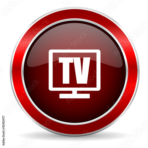 tv red circle glossy web icon, round button with metallic border