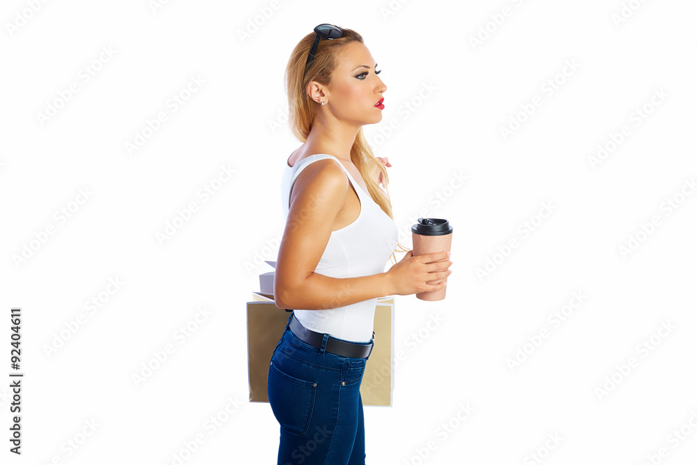 Blond shopaholic woman bags white background Blond shopaholic woman bags white background