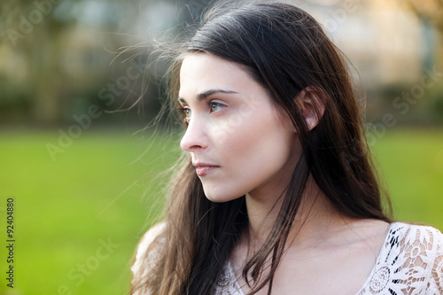 White Beautiful Woman Portrait Brown Hair Outdoors 