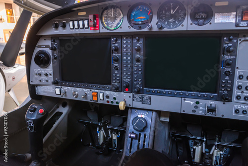 Control panel in a cockpit with instruments equipment
