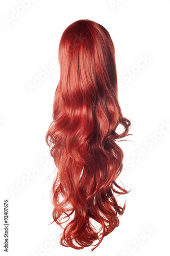 long curly red wig on a white background
