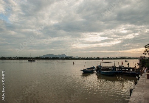 Cloudy sunset on the Thu Bon river. Hoi An  Vietnam.