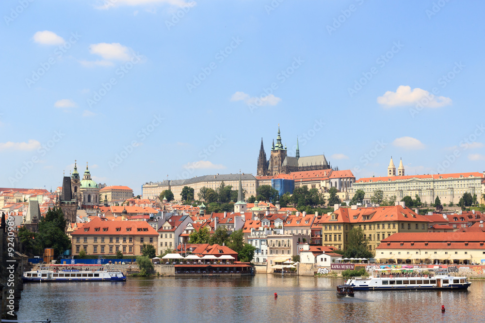 View towards Prague Castle and Mala Strana (Lesser Town) with Charles Bridge
