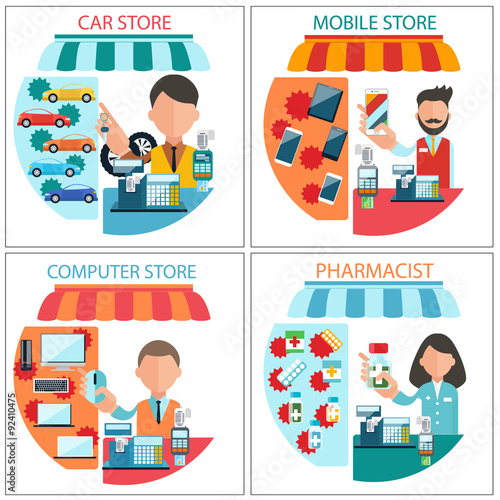 Car, mobile, pharmacist and computer store 